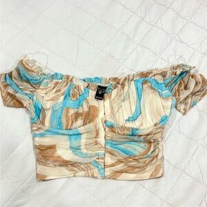 Women's Off-Shoulder Top - Blue and Brown
